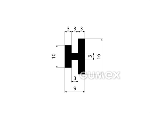 Silikónový profil tvaru "H", 16x9/3/3mm, 75°ShA, -60°C/+180°C, čierny